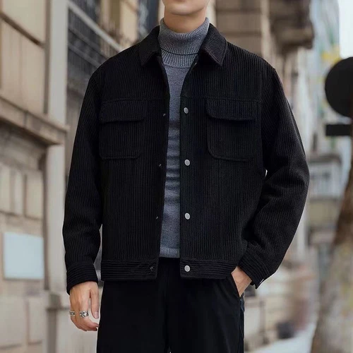 Men’s Corduroy Jacket | Korean Style Casual Spring & Fall Button-Up Coat - Picture 4 of 16