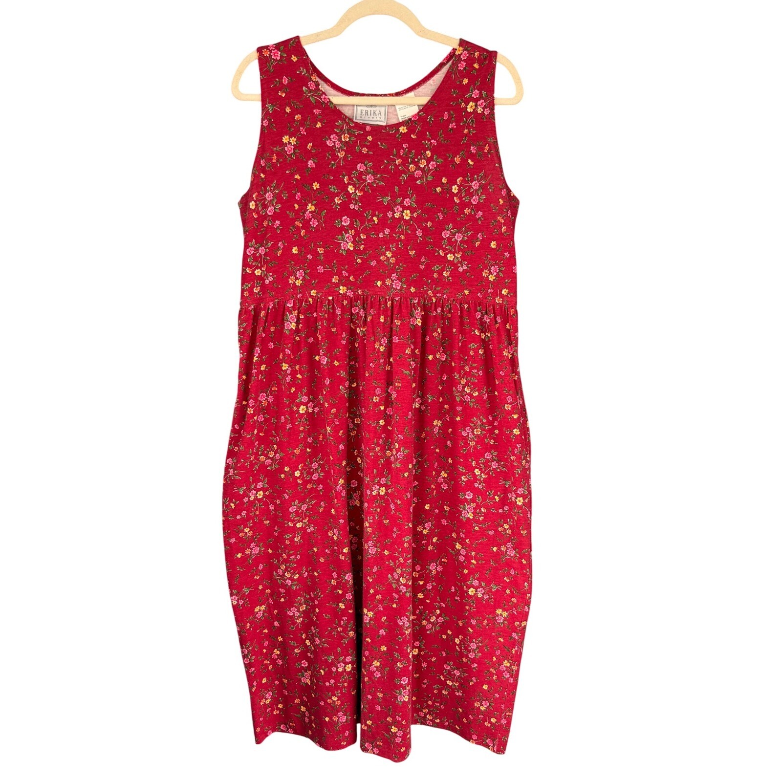 90s VTG Erika Studio Floral Dress Cottagecore Sleeveless Summer Red L