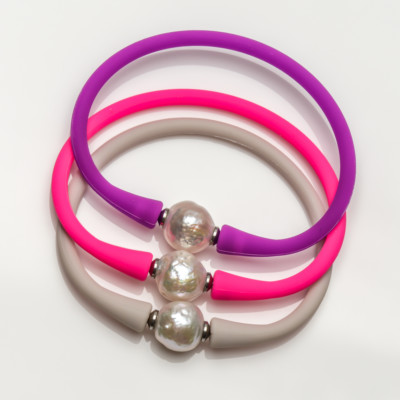 Multicolor Silicone Bangle Bracelet Big White Real Freshwater Kasumi Pearl Lot