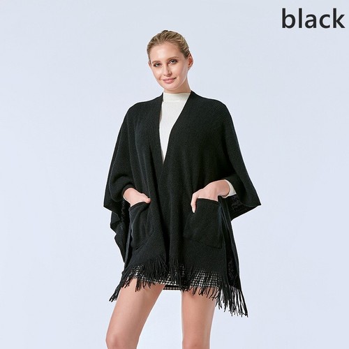 Women Knit Tassel Pocket Wrap Shawl Tippet Coat Jacket Cape Cloak Loose Warm - Picture 8 of 17