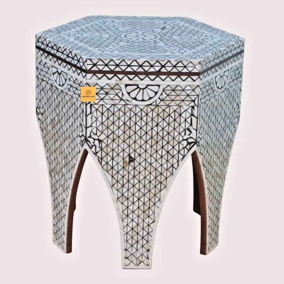 Hexagon Moroccan Floral Design Wooden Antique Side Table Stool - Image 2 of 4