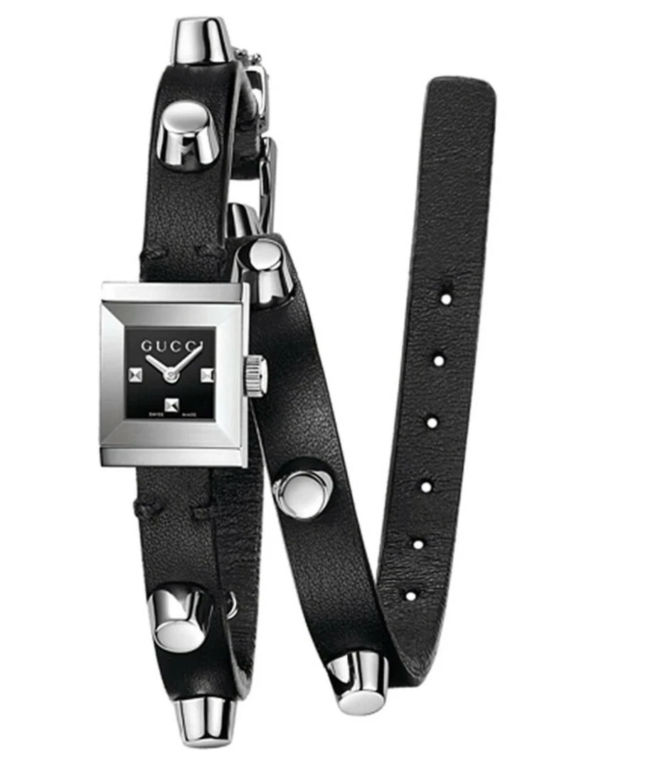 gucci g frame skinny black leather silver studded double wrap women's watch
