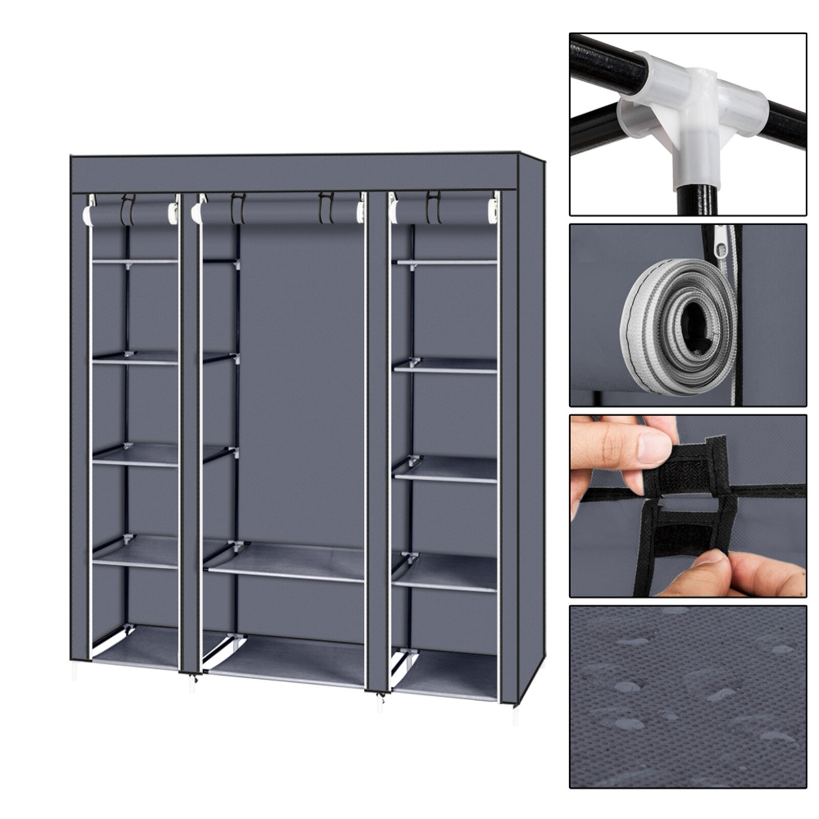 5-Tier Portable Wardrobe Closet - Gray, Non-woven Fabric,12-Cube & Roll-Up Door