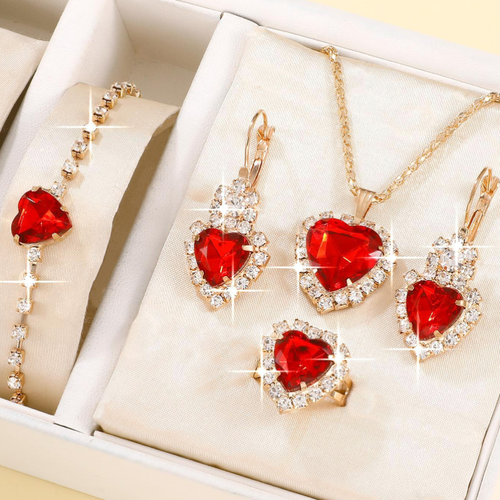 Women's Fashion Jewelry Set Red Blue Heart Crystal Necklace Earrings and Ring