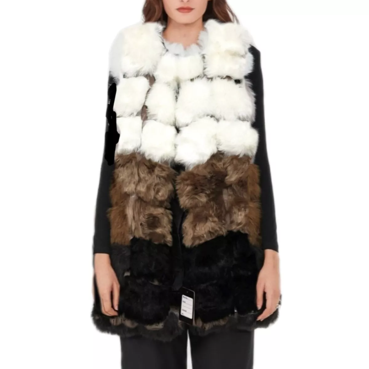 NWT Womens Tri Color Faux Fur Cozy V Neck Clasp Vest Jacket Sz