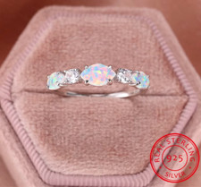 Real 925 Sterling Silver Ring + Box White Fire Opal + Zircon Marquise Dainty