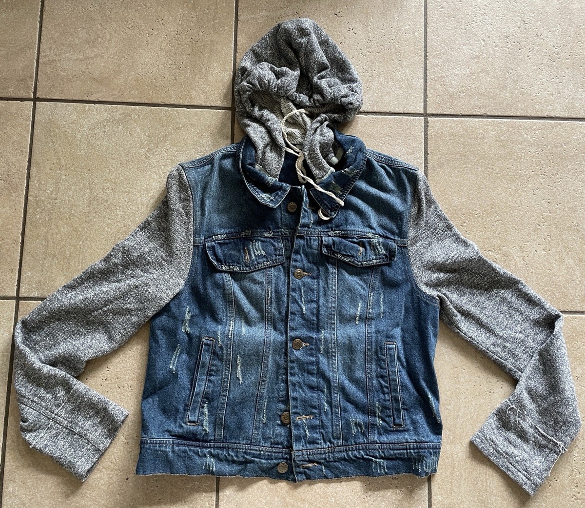 Techstyles Brand Denim Jean Jacket-American Flag LA-Cali—Hood-Blue