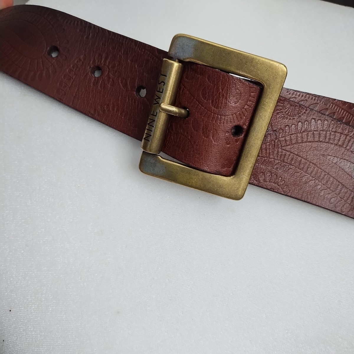 Nine West Tooled Stamped Dark Brown Leather Belt,Brass  display picture 1