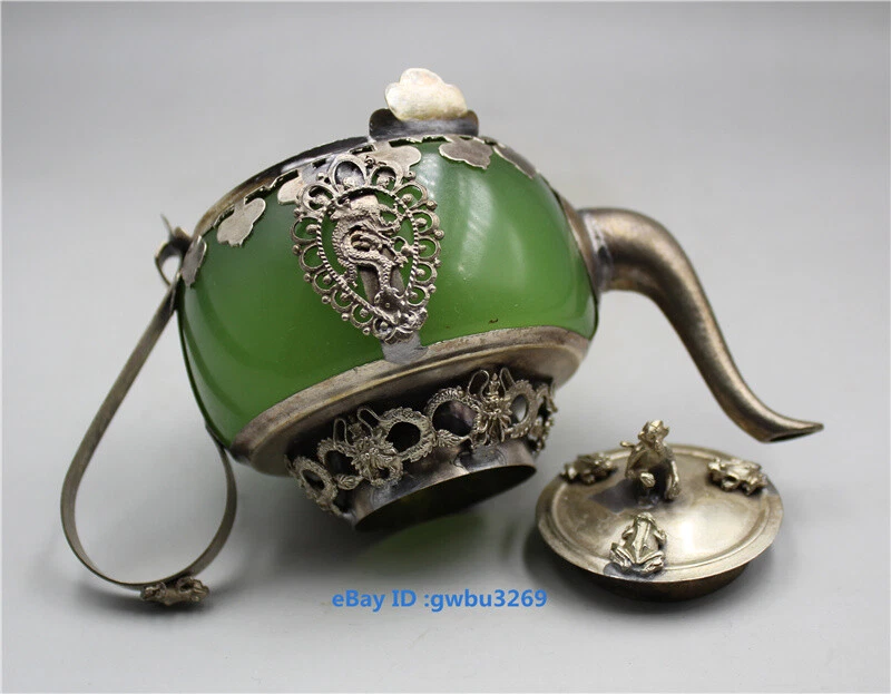 Coleção de bules de dragão esculpidos à mão de jade com incrustação de prata tibetana antiga da China - Imagem 2 de 4