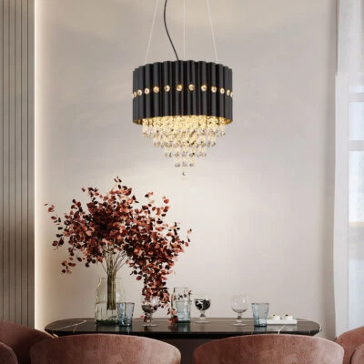 Suspension Lustre Lampe De Salon Cristaux Textile Noir LED - Photo 1/4