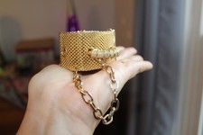 Vintage Sarah Coventry Gold Tone Mesh Metal Belt 30 Small Bamboo Closure Disco