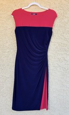 Chaps Women Small Sleeveless Ruched Midi Sheath Dress Stretch Red Blue Lined