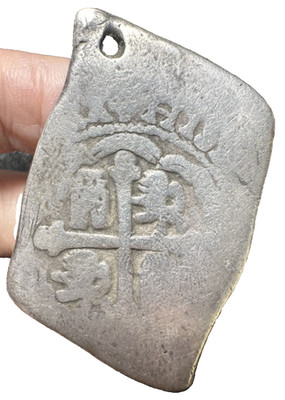 8 Reales Cob Spanish Mexico, Silver Treasure, Holed, HIS(PANIARVM), Long Shape