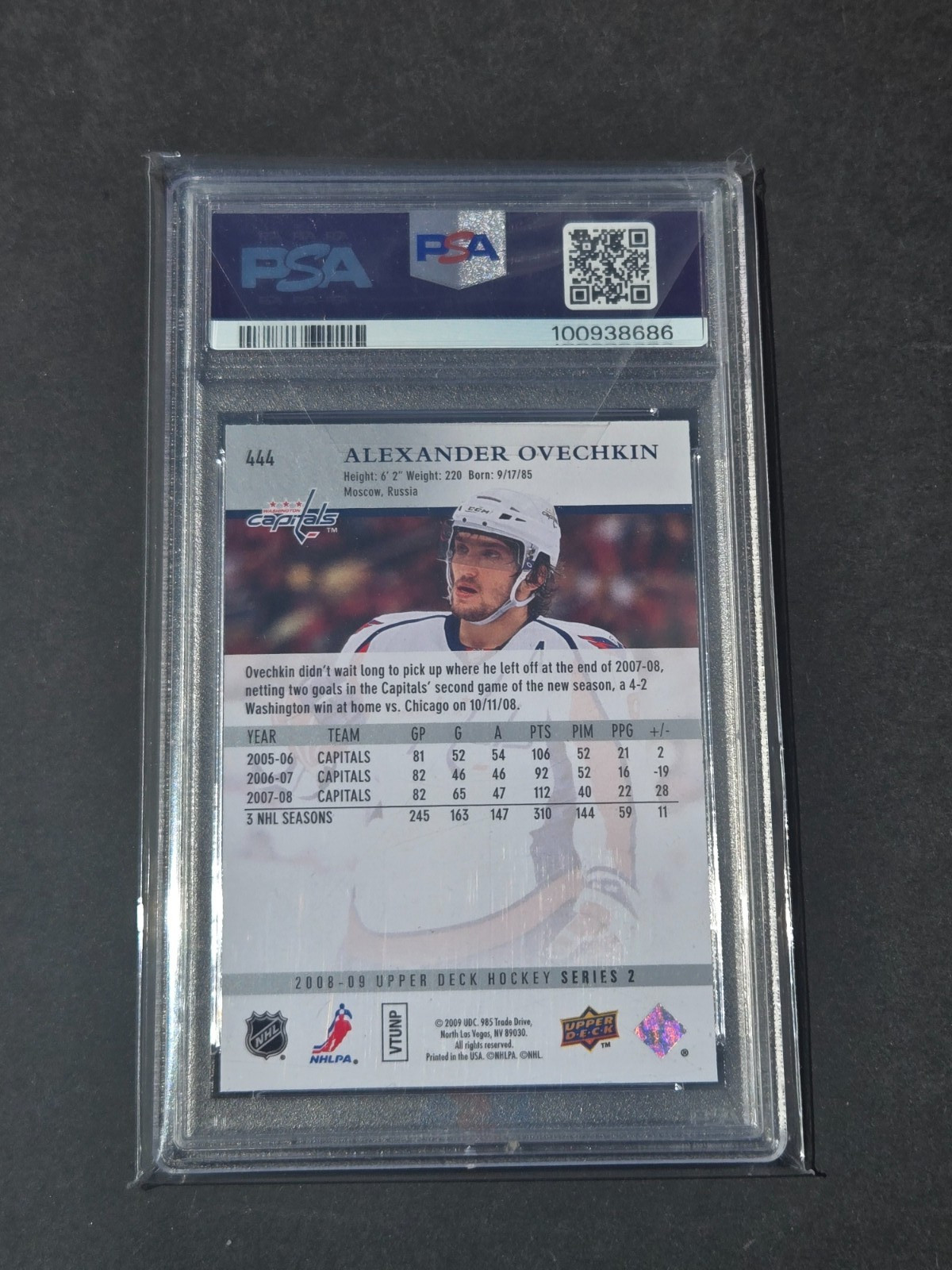 2008 Upper Deck #444 Alexander Ovechkin PSA 10 GEM MT view 2