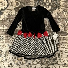 Jayne Copeland Vtg red, black, white VELVET GINGHAM DRESS w/Bows size 3T NWT