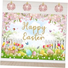 Happy Easter Day Backdrop Easter Colorful Eggs Background Floral Spring 7x5ft