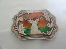 Vintage Buck Deer Stag Belt Buckle Enamel W/ Ornate Scroll Beaded Edge Very Nice