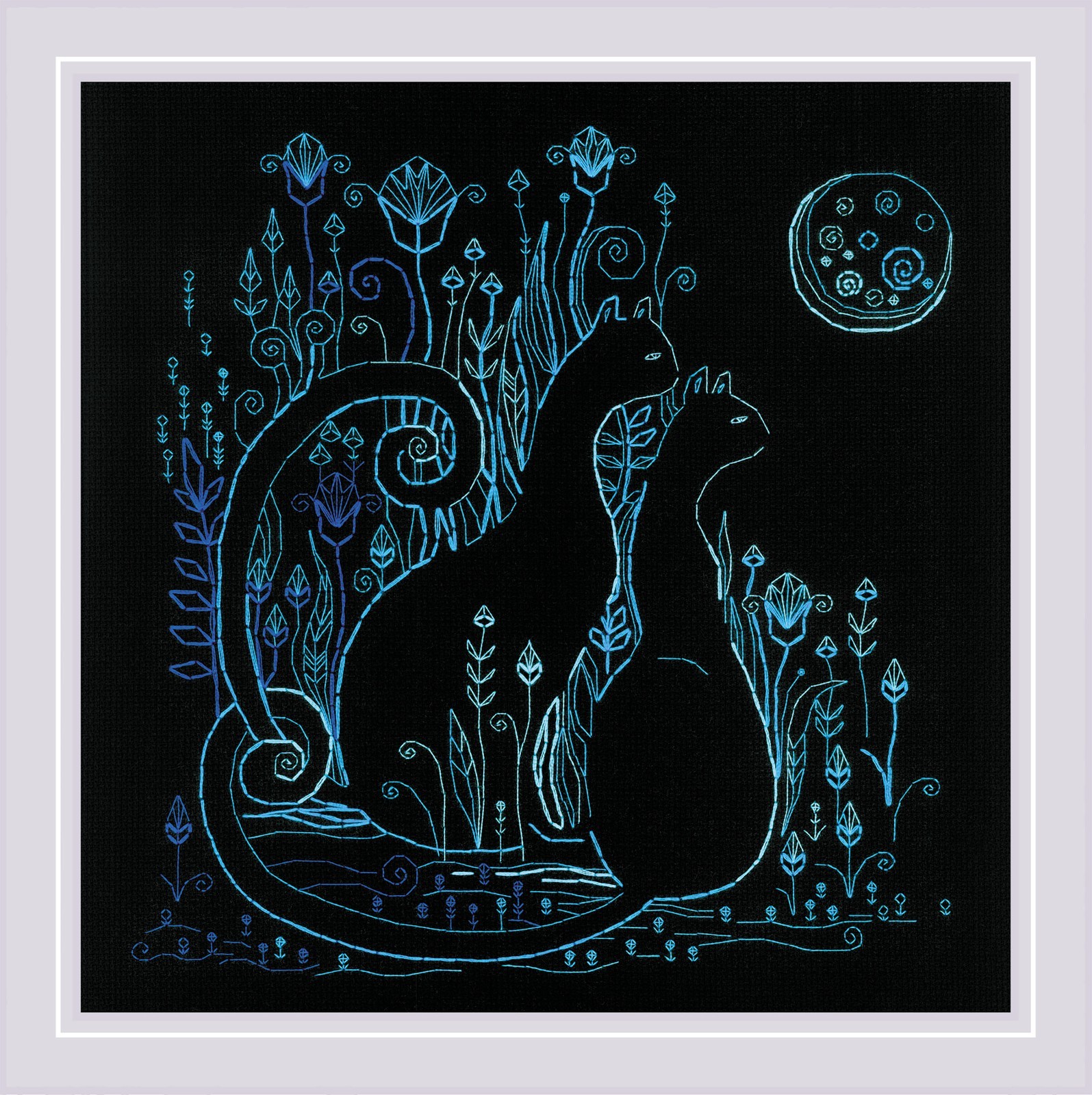 RIOLIS Counted Blackwork Kit 2173 Cats. Moonlight, Two Beautiful Cats