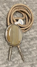 Vintage Hand Made Bolo Tie With Agate Stone and Metal Tips Braided Cord