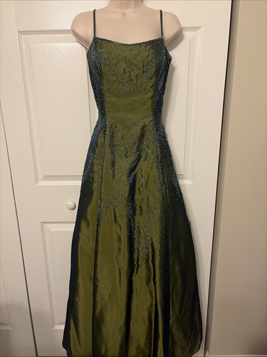 Vintage Y2K Sue Wong Nocturne Iridescent Green Beaded Ball Gown Dress Sz 10