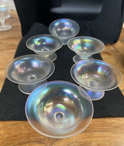 Set of 6 Steuben Verre De Soie Open Salt or Footed Sauce Dishes Carder Era Glass