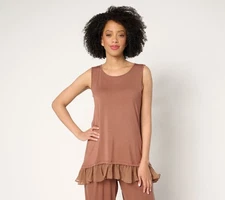 LOGO by Lori Goldstein Knit Tank Top with Hi-Low Chiffon Hem Cacoa Nibs XXS New