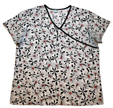 Scrubin Scrub Top; XL; White with Black and Red Flowers  Black Trim