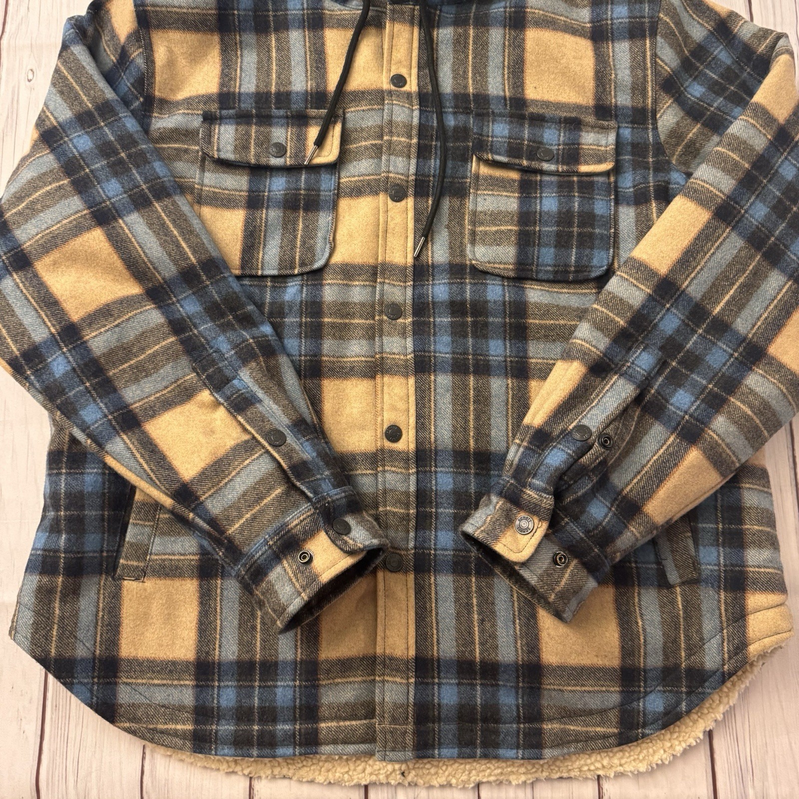 Schott Rancher Sherpa Lined Hooded CPO Jacket Plaid Wool Blend Blue Tan XL Mens