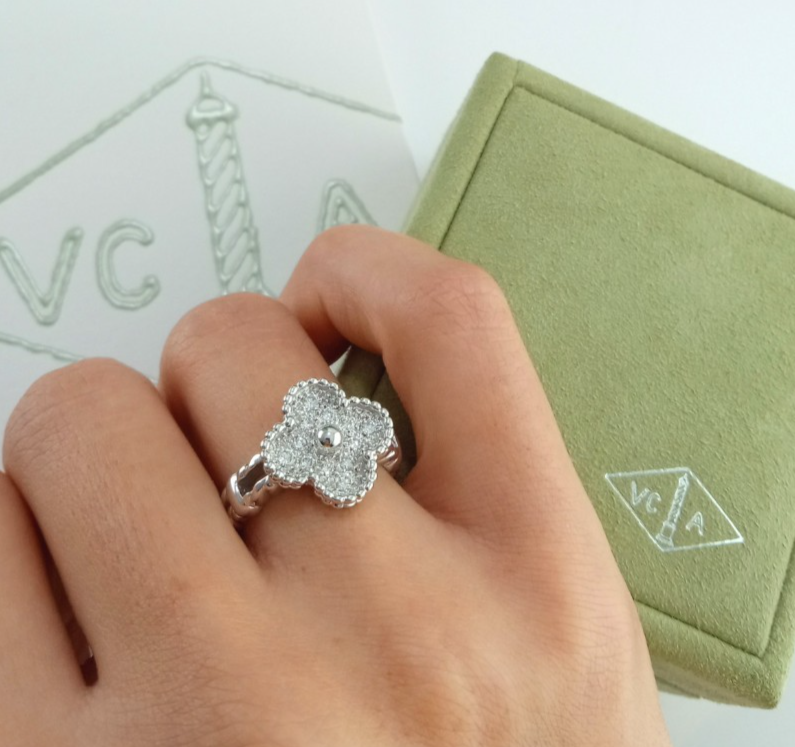 VAN CLEEF & ARPELS DIAMOND ENCRUSTED ALHAMBRA RING 18K WG SIZE 53