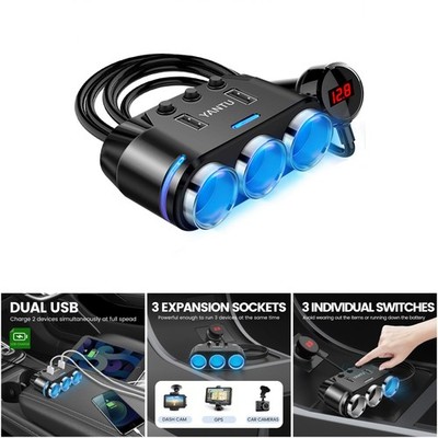 150W 3-Socket Car Lighter Adapter LED Ambient Charging Port - Compact