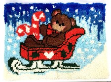 Vintage Completed Bucilla Latch Hook Rug Teddy Bear in Sleigh 24 x 18