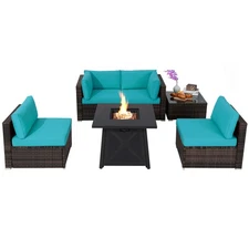 6PCS Patio Rattan Furniture Set 30" Fire Pit Table W/Cover Cushioned Turquoise