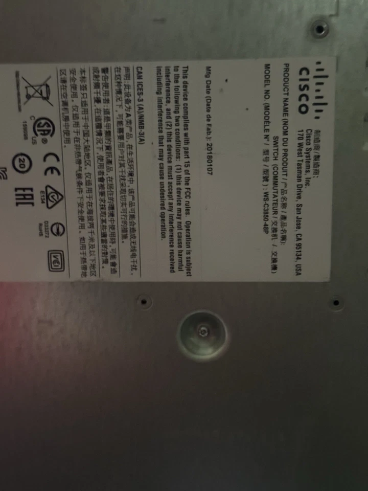 CISCO WS-C3850-12X48U-S 48 Port UPoE W/ 2-1100WAC POWER SUPPLIES USED NETWORK - Image 2 of 4