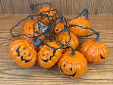 Vintage Blow Mold String 10 Halloween Jack O Lantern Pumpkin Lights Easter Unltd