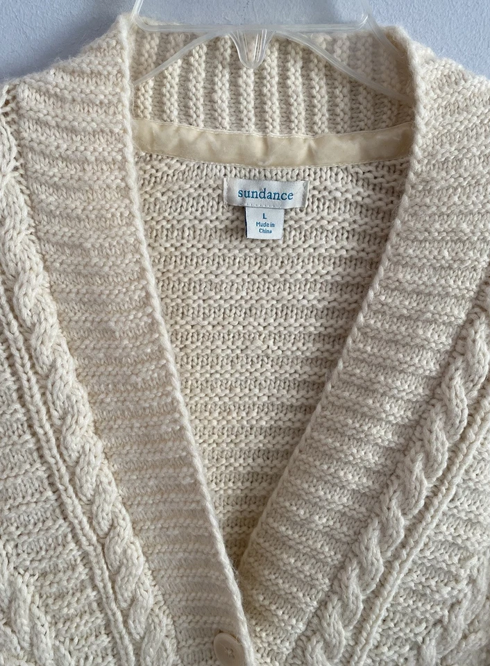 Cárdigan Sundance Tejido con Cable Suéter Marfil Cuello en V Algodón Lana Bolsillos Talla L Foto 2 de 4