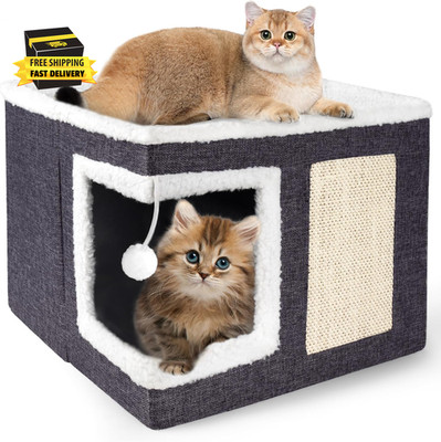 Cat Houses for Indoor Cats - Large Cat Bed Cave with Scratch Pad and Fluffy Ball