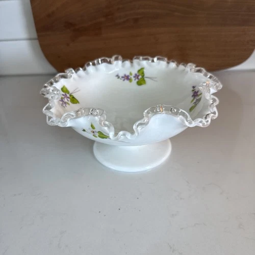 vintage Fenton Silver Crest ruffled milk glass compote Hand Painted