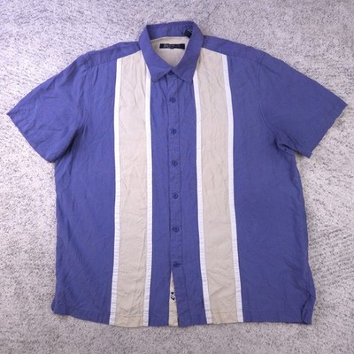 Nat Nast Bowling Shirt Mens XL Luxury Originals Silk Blend Striped Blue Beige