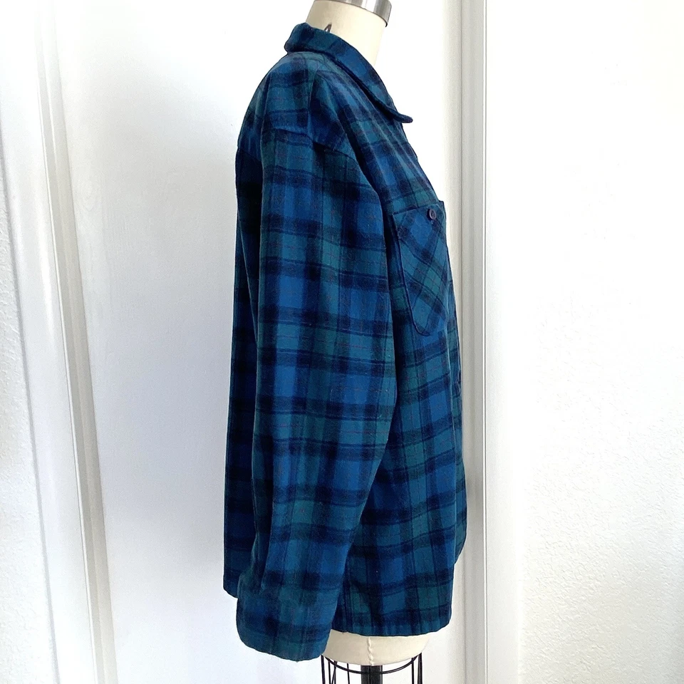 Camisa feminina Pendleton lã tábua flanela botão para cima tamanho M feita nos EUA xadrez azul - Imagem 2 de 4