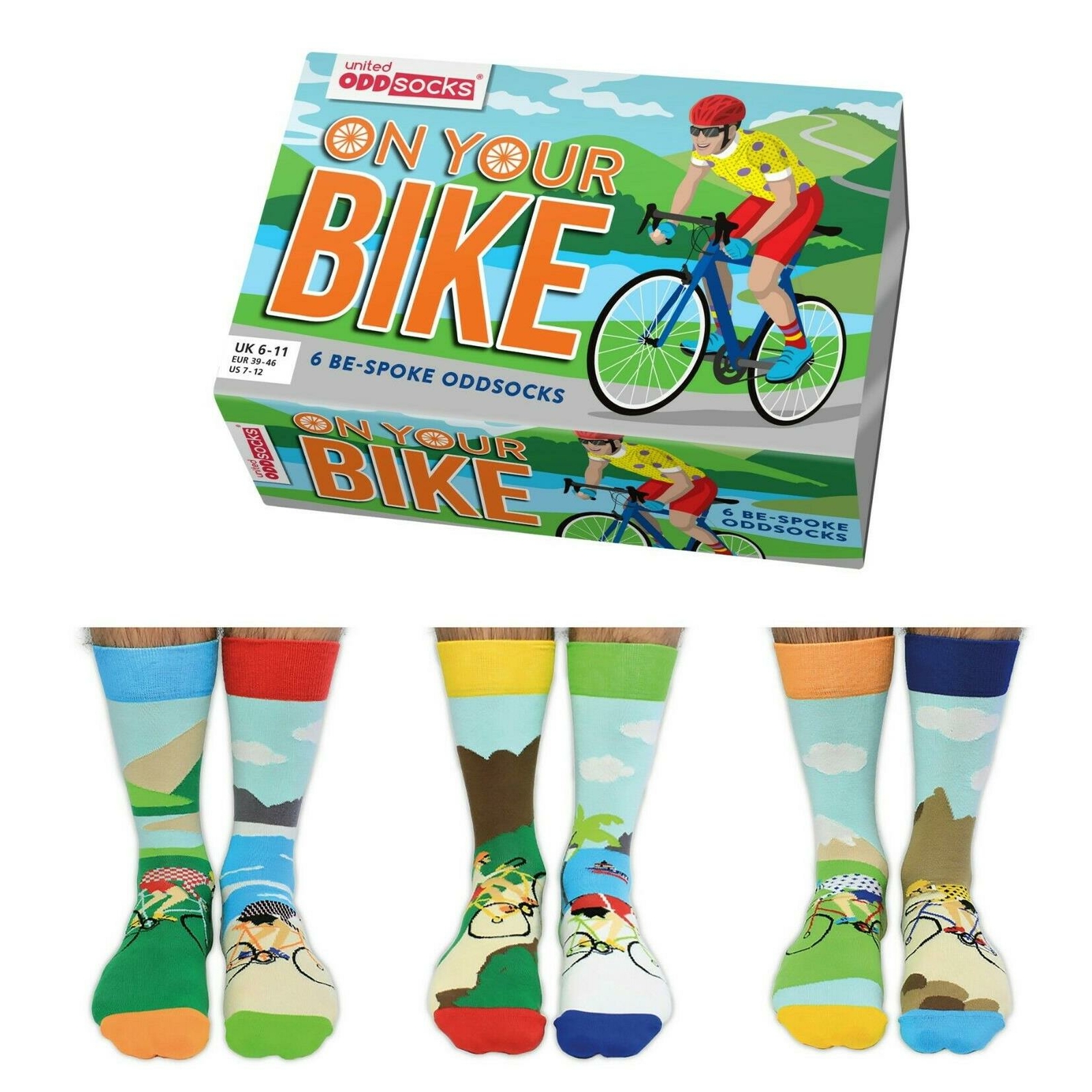 United Oddsocks On Your Bike Cycling Mismatched Set Of 6 Mens UK 6-11 Odd Socks
