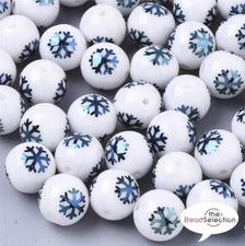 20 BLUE XMAS SNOWFLAKE GLASS ROUND BEADS 10mm TOP QUALITY GLS50