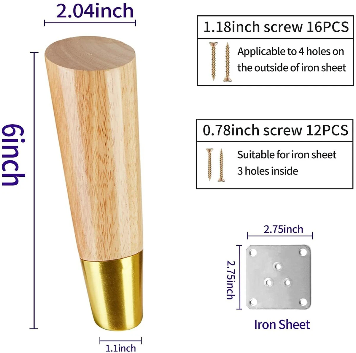 6 inch Solid Wood w gold Sofa Legs Slant Couch Legs Set of 4 for