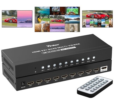 Yinker 9x1 HDMI Multi-viewer Switcher 4K@30Hz 9 In 1 Out Multiviewer Seamless