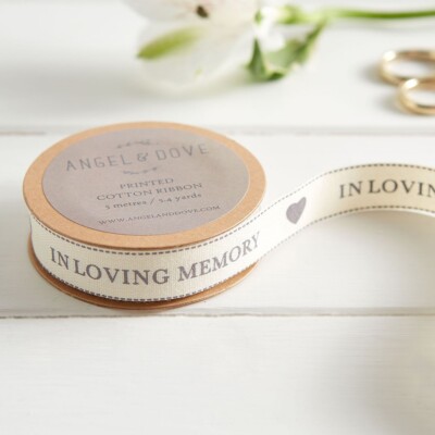 Angel & Dove 'In Loving Memory' Cotton Ribbon - 15mm X 5m, For Funeral Flowers, Favors & Sympathy Gifts