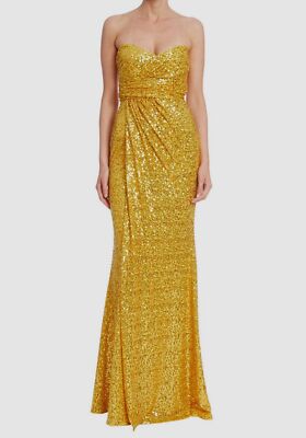$880 Badgley Mischka Women's Yellow Sequined Strapless Draped Gown Dress Size 10
