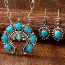 Turquoise Silver Tone Boho Statement Necklace Earrings Set Southwest Style