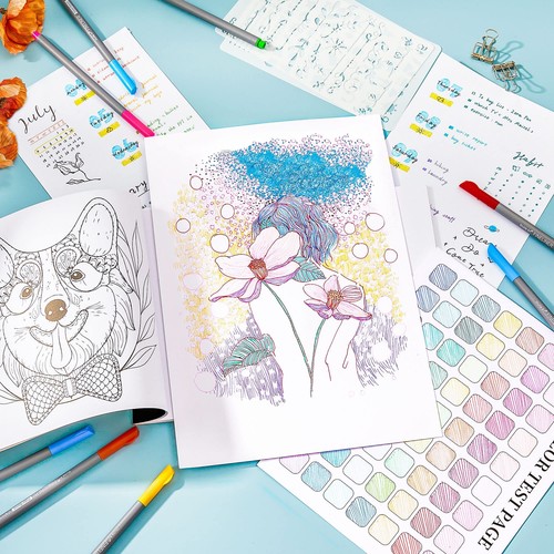 Fineliner Colored Pens, 100 Colors 0.4mm Fine Point Pens with Stencils & Adul... - Picture 5 of 7