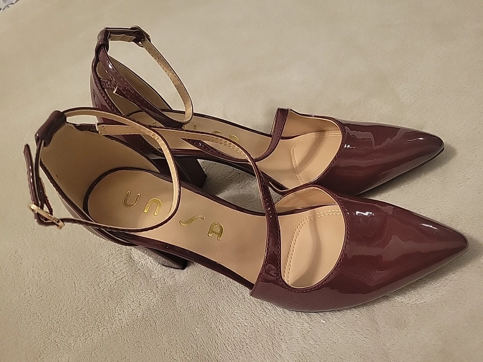 Unisa 勃艮第漆皮踝带高跟鞋 6M 码粗跟  — 第 2/4 张图片