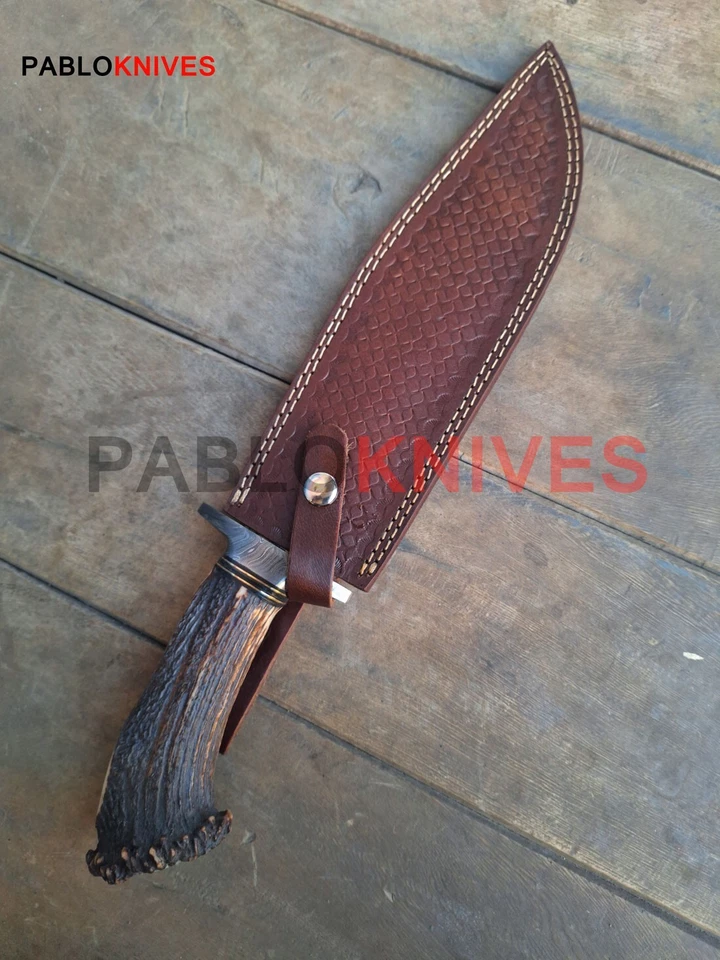 Cuchillo Bowie de caza de acero Damasco forjado a mano premium de 15" corona cuerno de ciervo Foto 4 de 4