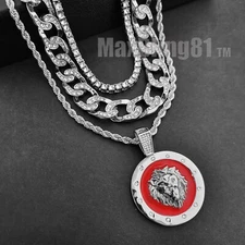 Lion Head Charm 18" Iced Cubic Zirconia Silver Plated Alloy Cuban & Tennis chain